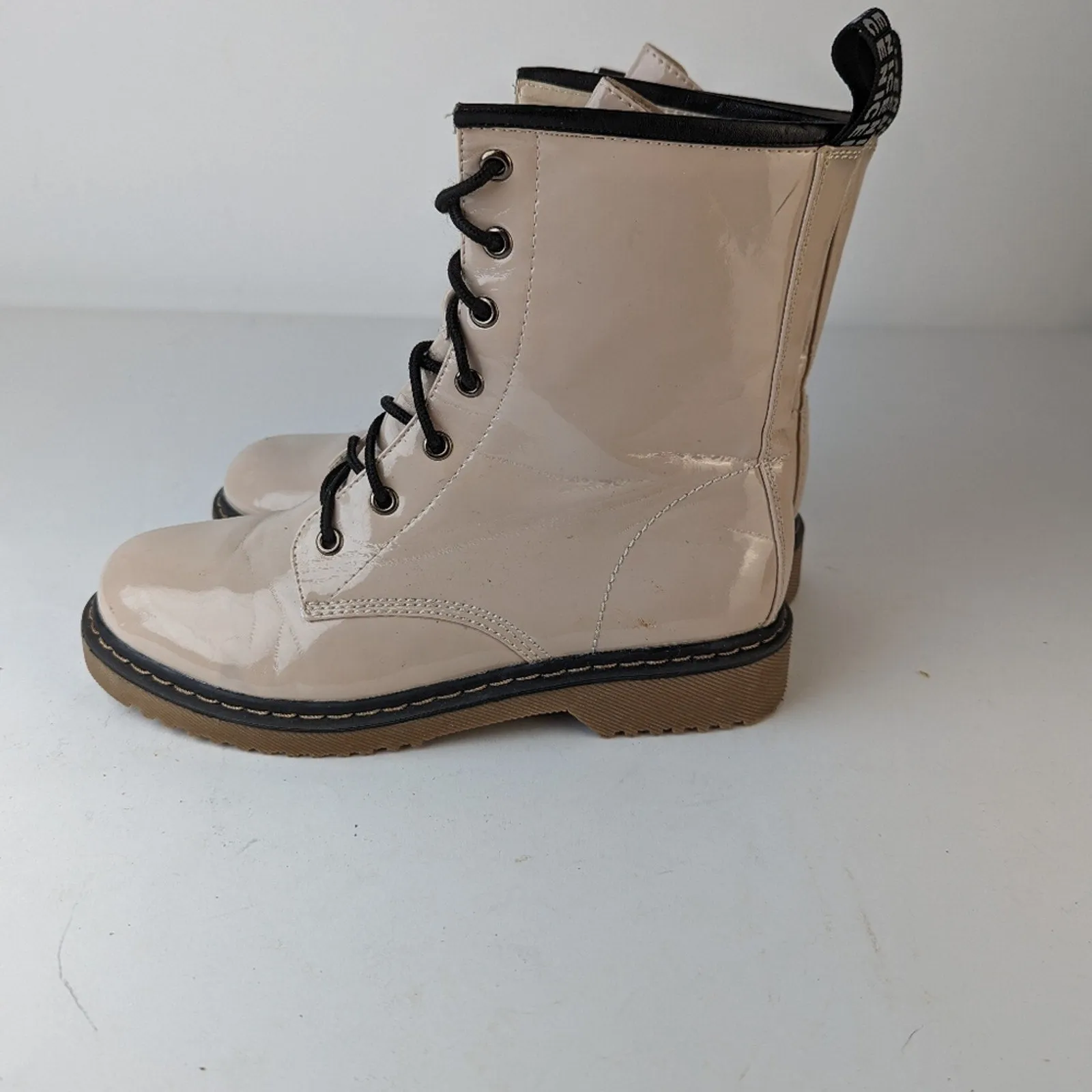 Lady Godiva Vegan Patent Leather Combat Boots - 9